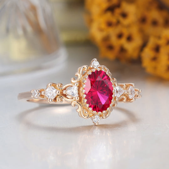 Antique Scrollwork Ruby Engagement Ring 14K Gold Bridal Ring For Women