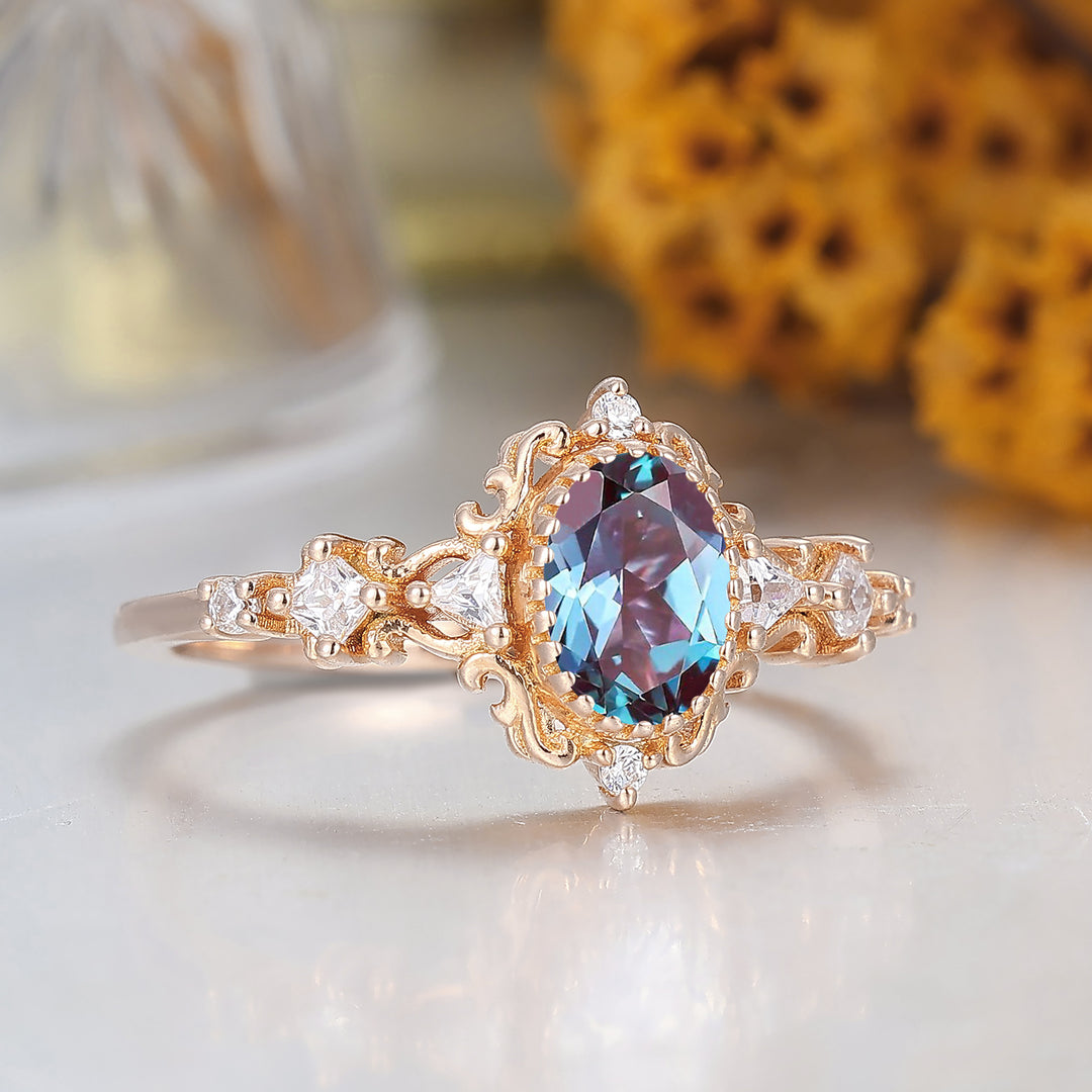 Retro Vine Design Oval Cut Alexandrite Bridal Ring Filigree Milgrain Alexandrite Promise Ring For Her