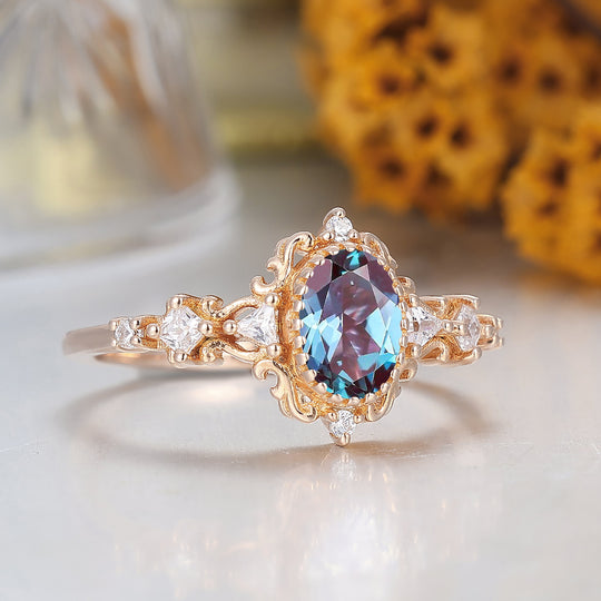Retro Vine Design Oval Cut Alexandrite Bridal Ring Filigree Milgrain Alexandrite Promise Ring For Her