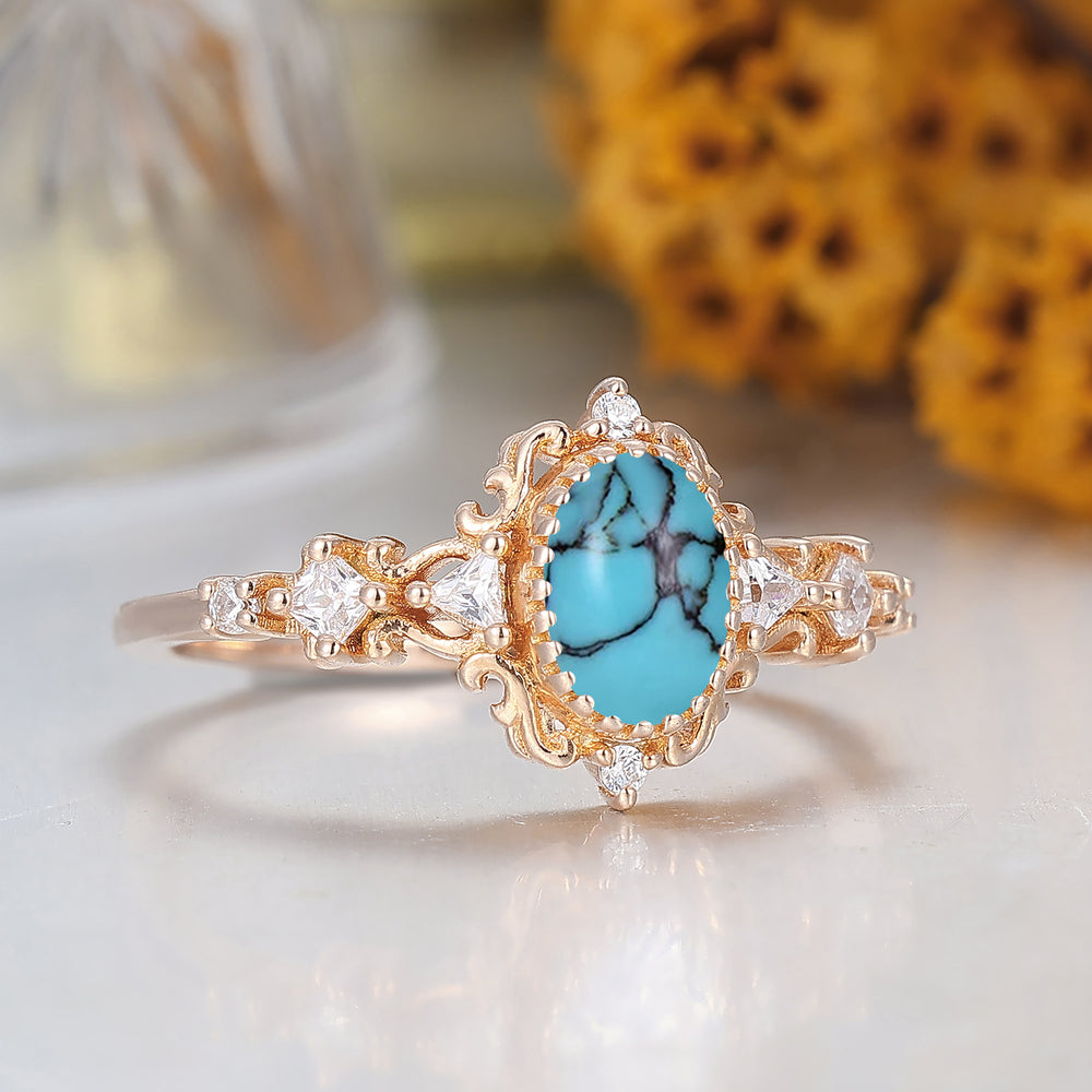 Art Deco Filigree Turquoise Engagement Ring Solid Rose Gold Women Fine Ring