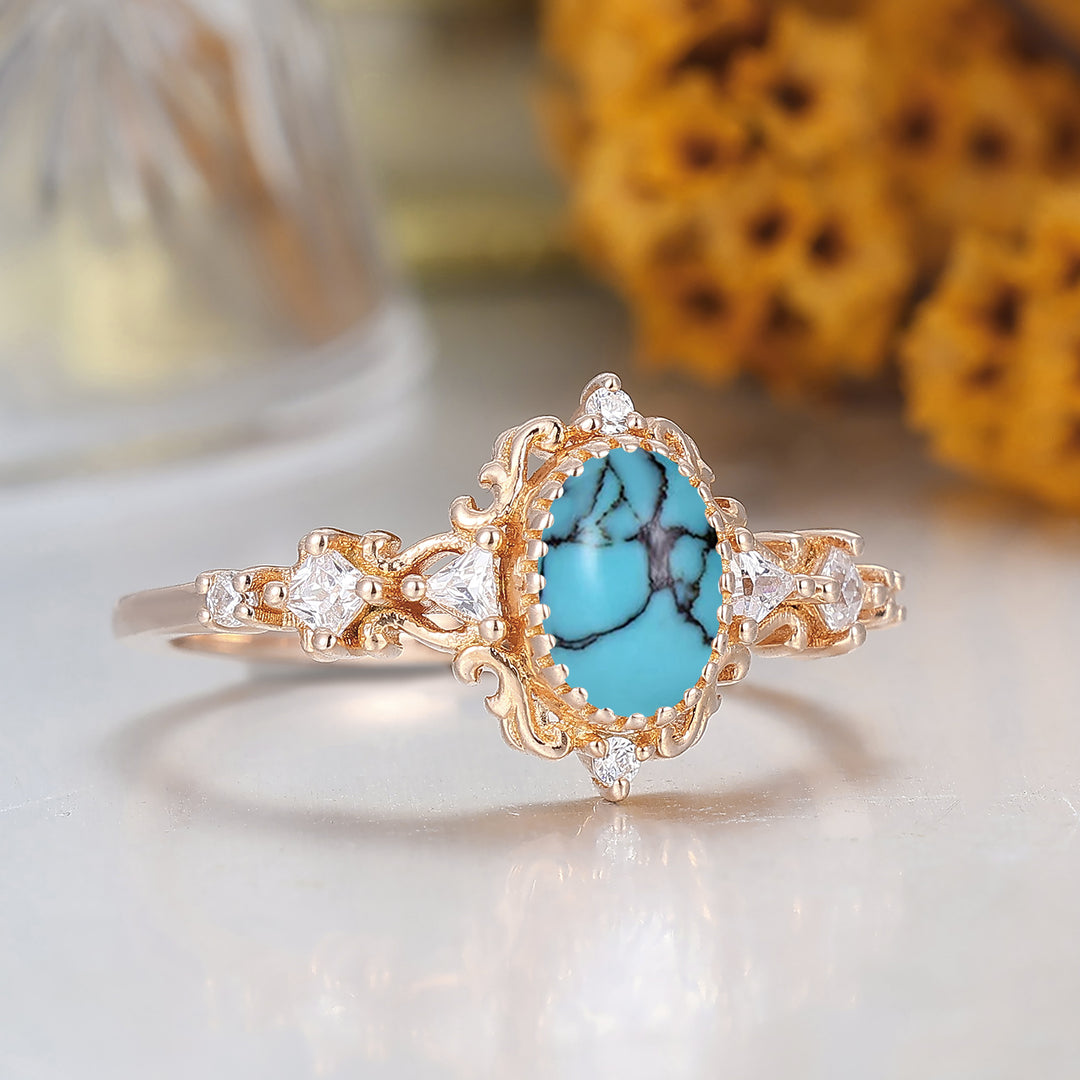 Art Deco Filigree Turquoise Engagement Ring Solid Rose Gold Women Fine Ring
