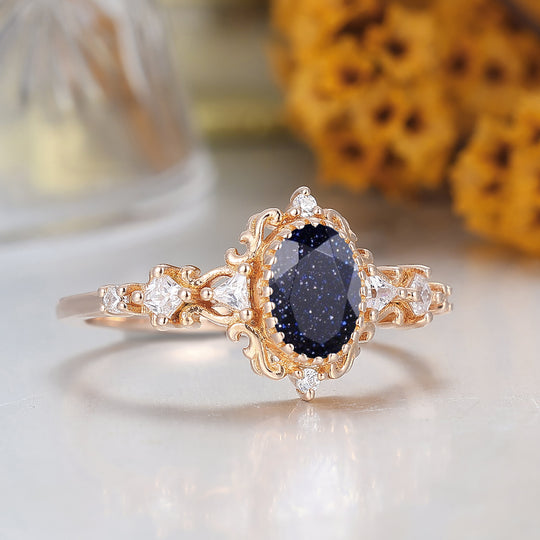 Vintage Scrollwork Blauwe Zandsteen Bruidsring 14K Roségoud Damesring