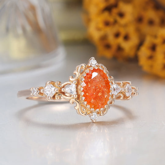 Bague de fiançailles en pierre de soleil d'inspiration baroque Bague de mariage en or massif pour anniversaire