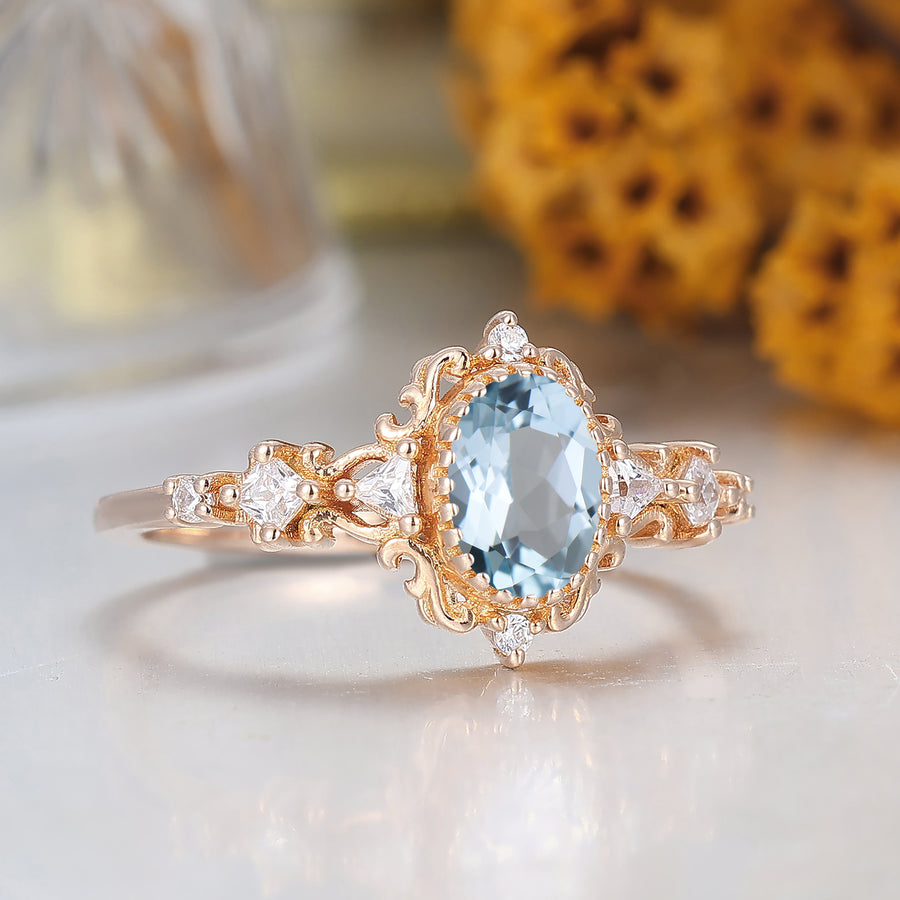 Vintage Oval Cut Aquamarine Scrollwork Engagement Ring Aquamarine March Birthstone Promise Ring