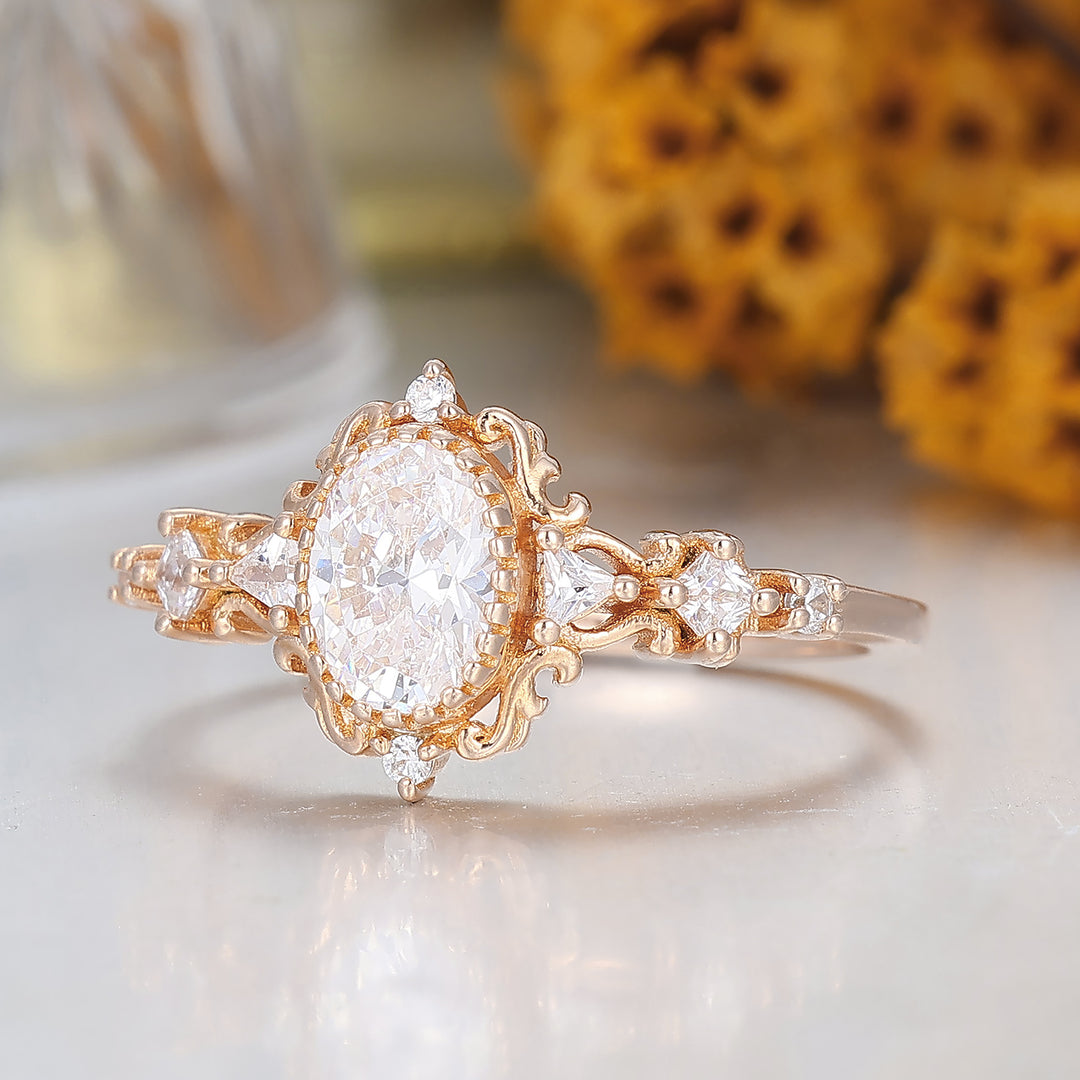 Einzigartiger floraler Moissanit-Verlobungsring, ovaler Schliff, 14K Massivgold, Rankenverzierung, Brautring für Damen