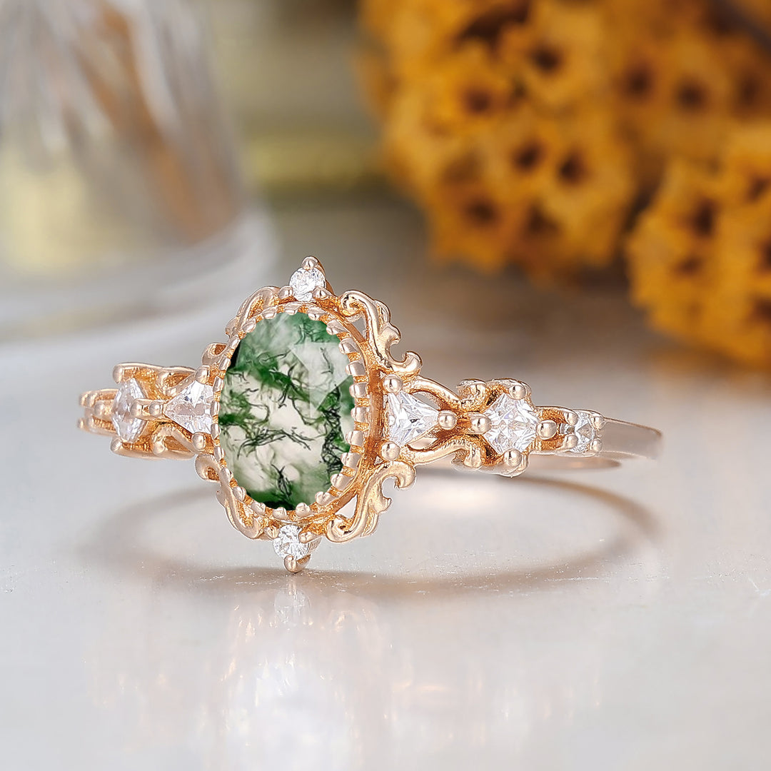 Unique Scrollwork Natural Moss Agate Engagement Ring Anniversary Bridal Ring