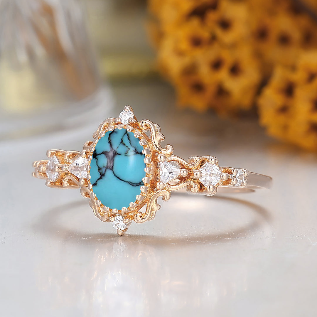 Art Deco Filigree Turquoise Engagement Ring Solid Rose Gold Women Fine Ring