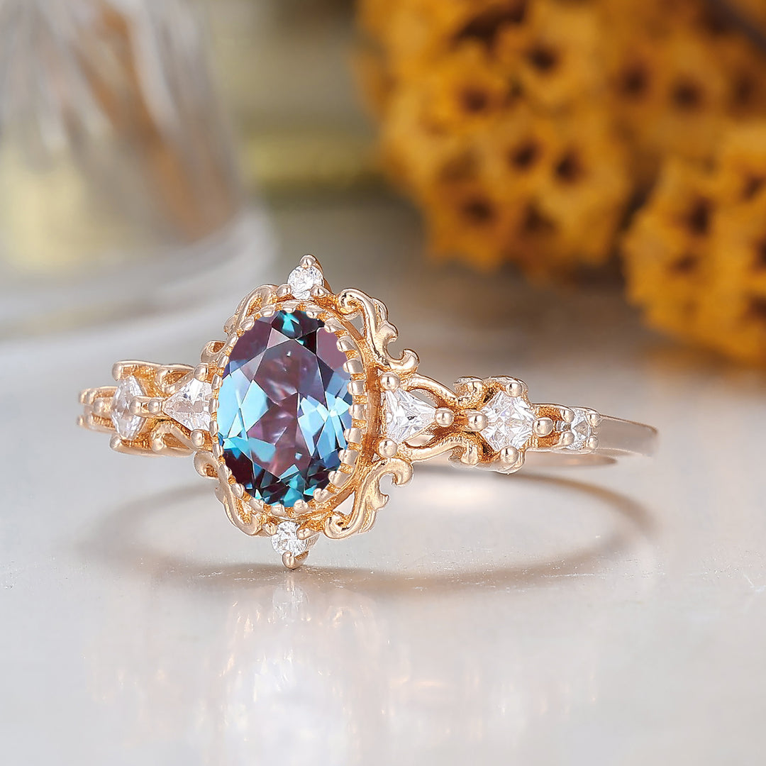 Retro Vine Design Oval Cut Alexandrite Bridal Ring Filigree Milgrain Alexandrite Promise Ring For Her