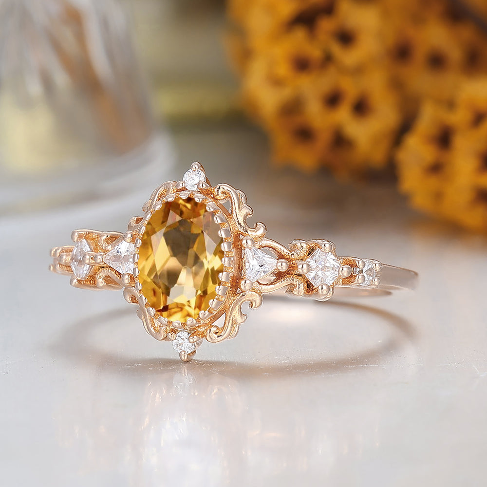 Antique Scrollwork Citrine Engagement Ring 14K Gold Bridal Ring For Women