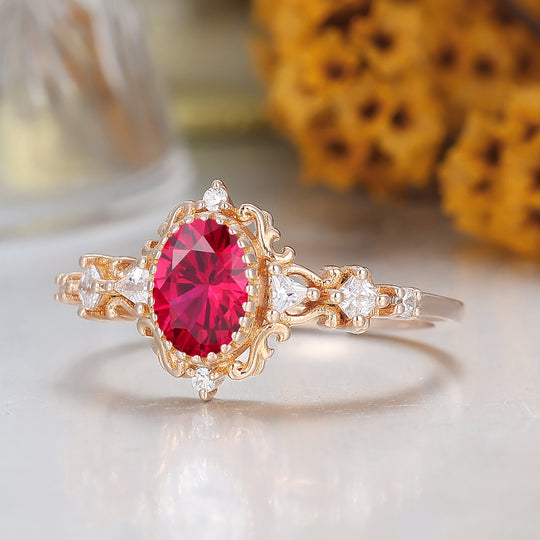 Antique Scrollwork Ruby Engagement Ring 14K Gold Bridal Ring For Women