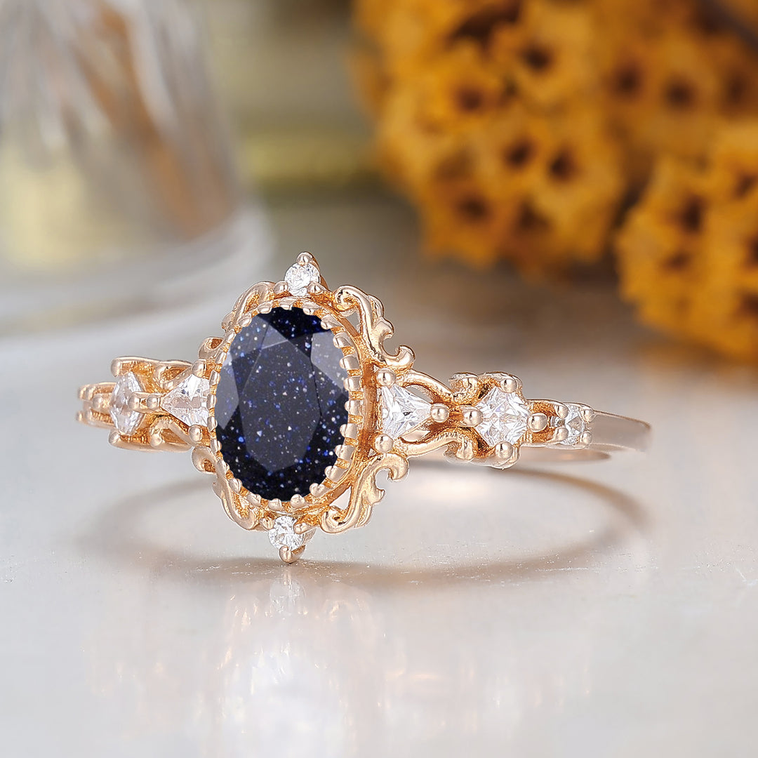 Vintage Scrollwork Blauwe Zandsteen Bruidsring 14K Roségoud Damesring