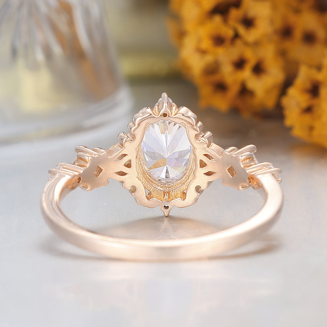 Einzigartiger floraler Moissanit-Verlobungsring, ovaler Schliff, 14K Massivgold, Rankenverzierung, Brautring für Damen