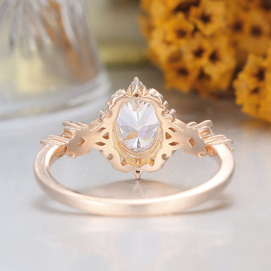 Einzigartiger floraler Moissanit-Verlobungsring, ovaler Schliff, 14K Massivgold, Rankenverzierung, Brautring für Damen