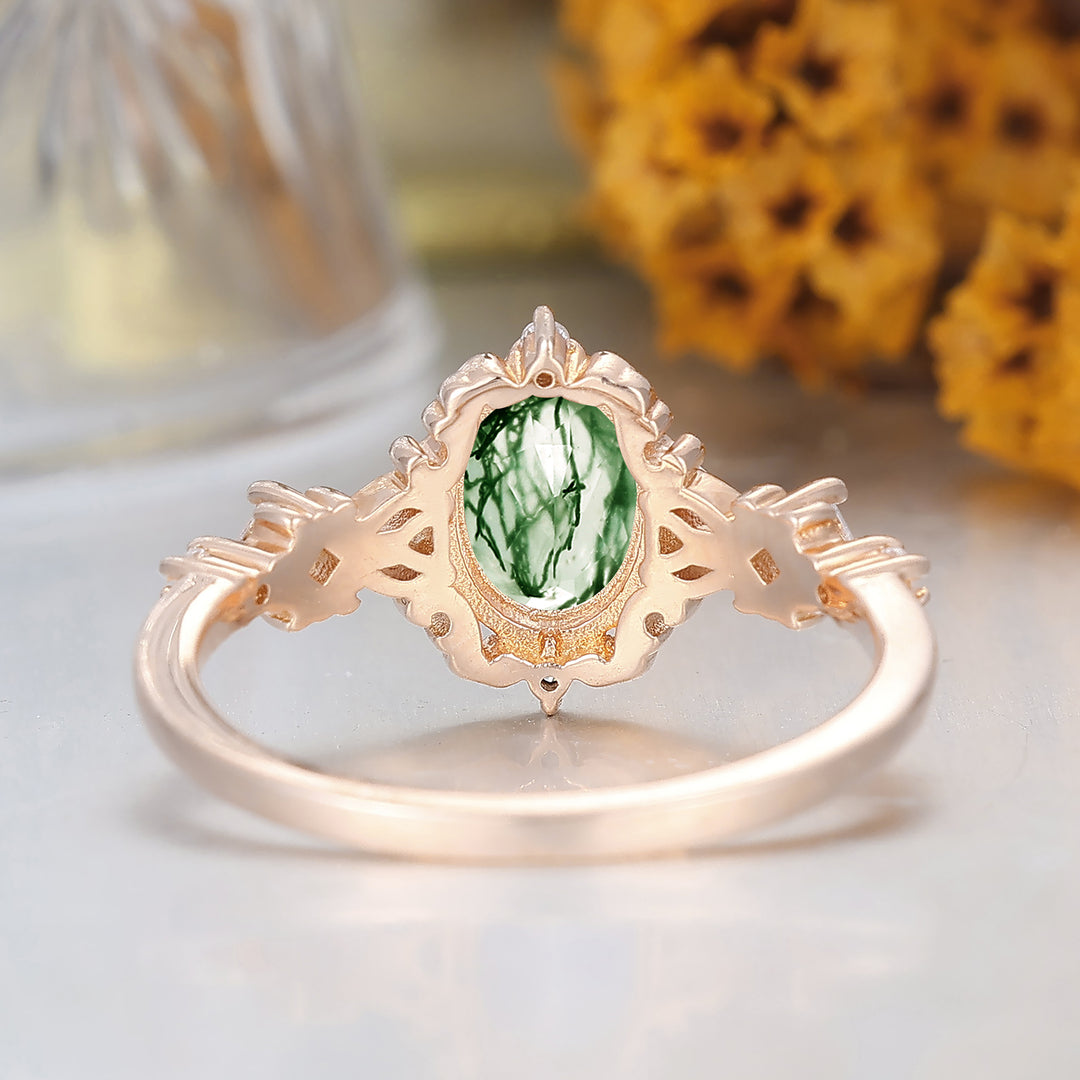 Unique Scrollwork Natural Moss Agate Engagement Ring Anniversary Bridal Ring