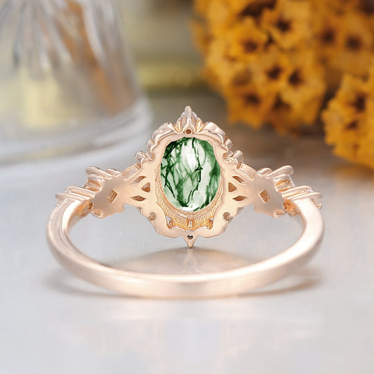 Unique Scrollwork Natural Moss Agate Engagement Ring Anniversary Bridal Ring