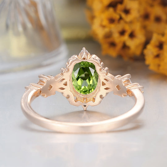 Antique Scrollwork Peridot Engagement Ring 14K Gold Bridal Ring For Women