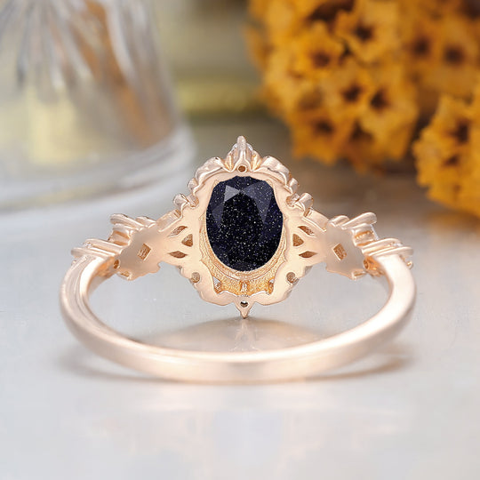 Vintage Scrollwork Blauwe Zandsteen Bruidsring 14K Roségoud Damesring
