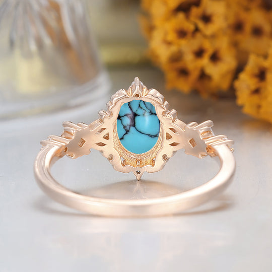 Art Deco Filigree Turquoise Engagement Ring Solid Rose Gold Women Fine Ring