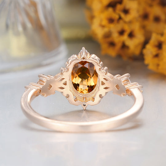 Antique Scrollwork Citrine Engagement Ring 14K Gold Bridal Ring For Women