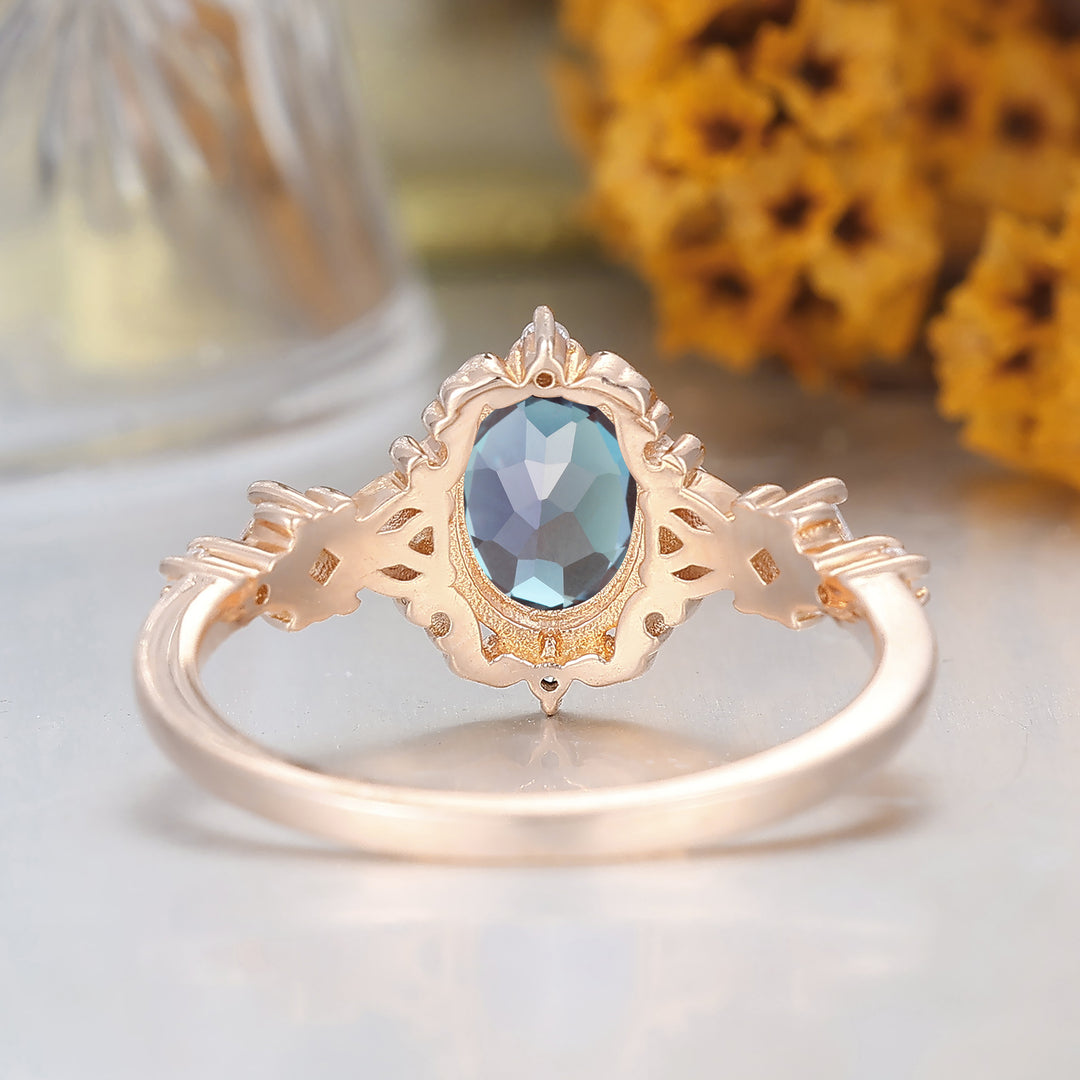 Retro Vine Design Oval Cut Alexandrite Bridal Ring Filigree Milgrain Alexandrite Promise Ring For Her