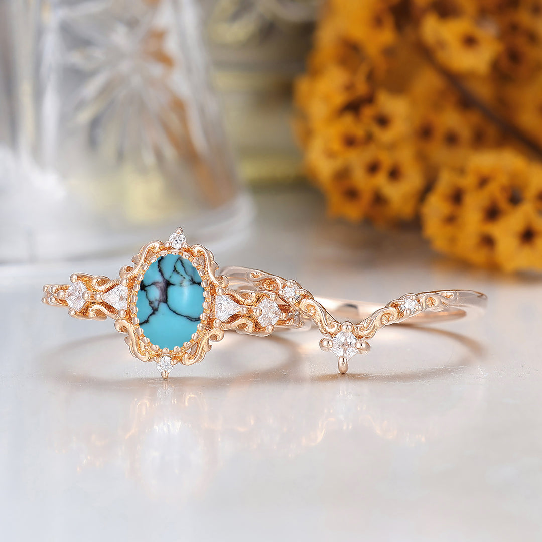 Vintage Inspired 1CT Oval Cut Turquoise Wedding Rings Handmade Bridal Anniversary Ring Set