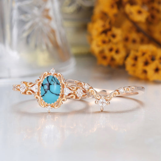 Vintage Inspired 1CT Oval Cut Turquoise Wedding Rings Handmade Bridal Anniversary Ring Set