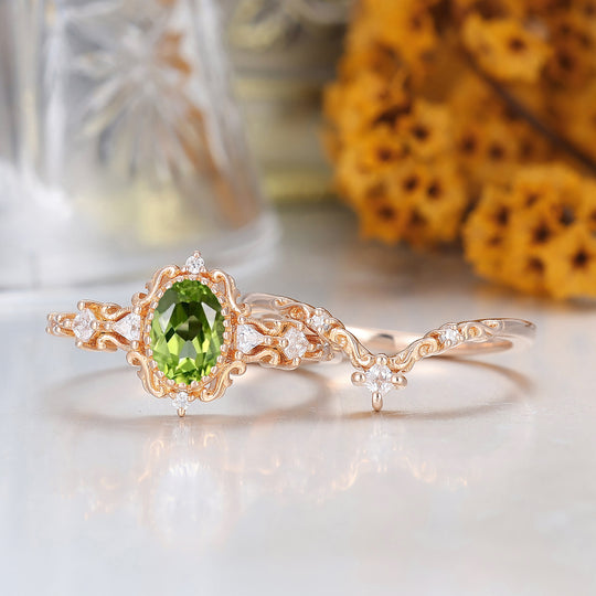 Vintage Scrolled Oval Cut Peridot Engagement Ring Set Rose Gold Women Anniversary Rings