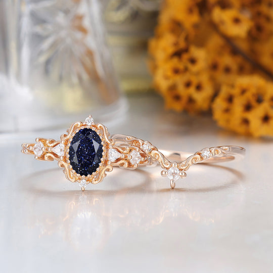 Dainty Scrolled Oval Cut Blue Sandstone Wedding RingsSolid Gold Bridal Anniversary Ring