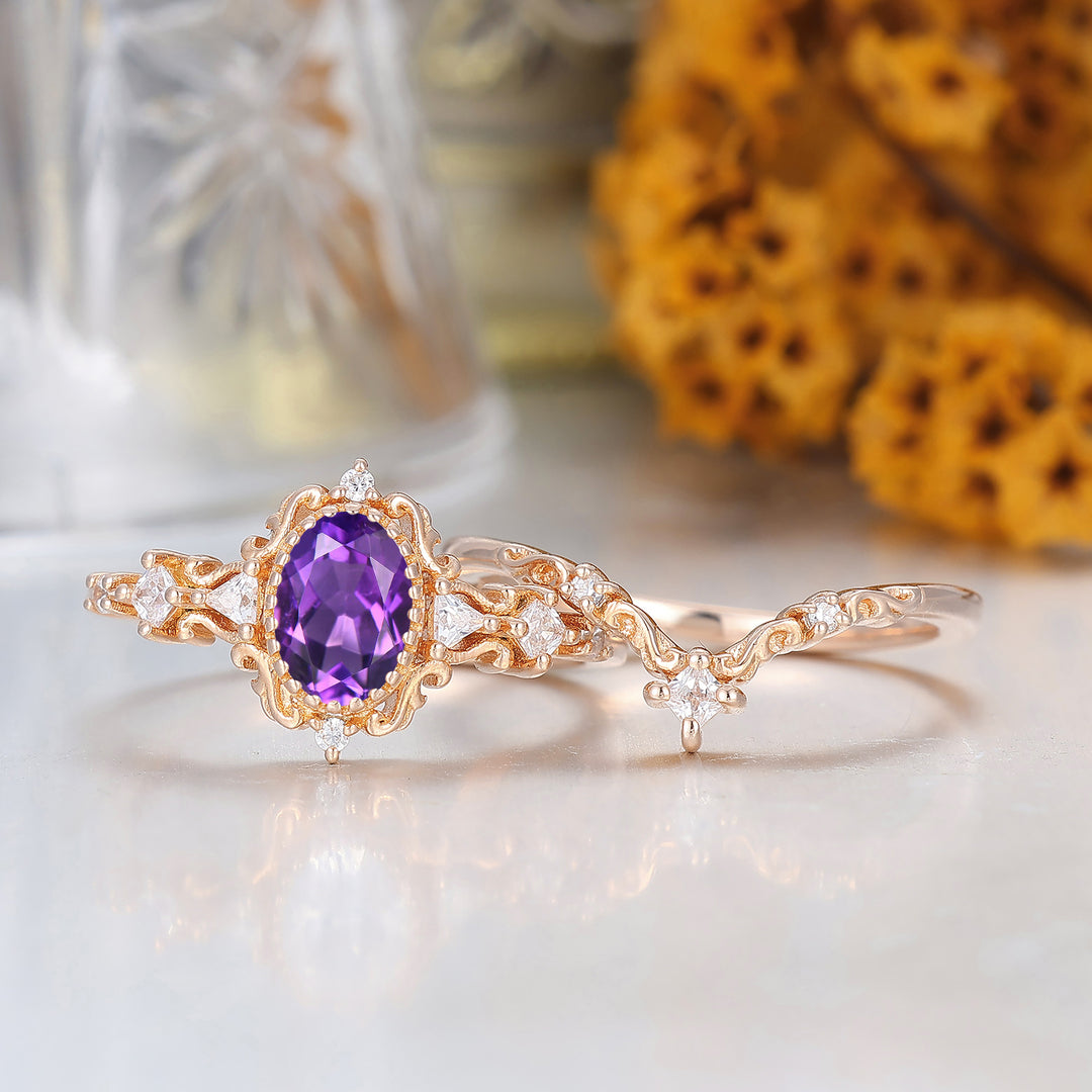Antiker oval geschliffener Aquamarin-Verlobungsring mit Blumenmuster 14K Roségold Ehering Vintage Filigran Natürlicher Amethyst Brautring 14K Massivgold Ehering für Damen