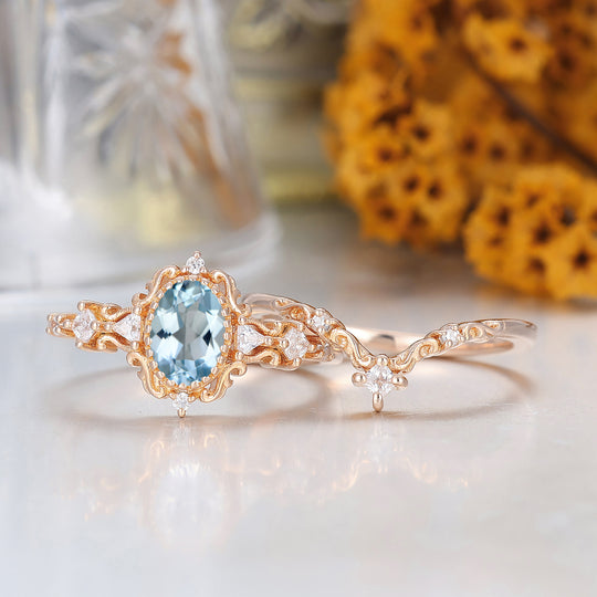 Crystal-Clear Oval Cut Aquamarine Bridal Ring 14K Rose Gold March Birthstone Ring For Her