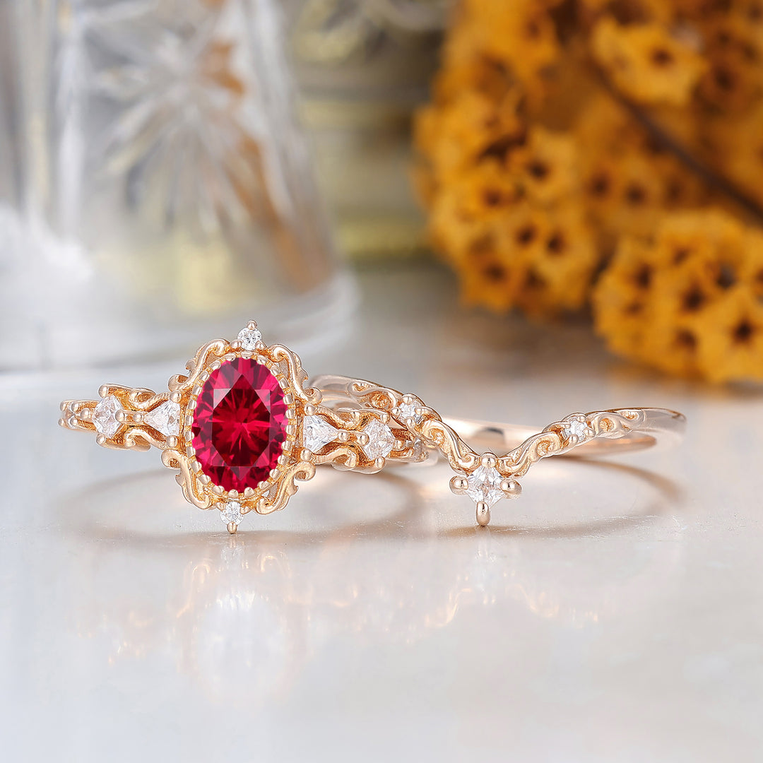 Vintage Scrolled Oval Cut Ruby Engagement Ring Set Rose Gold Women Anniversary Rings