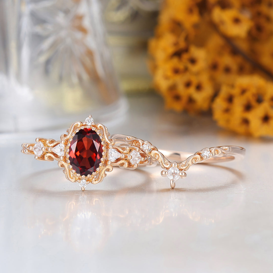 Natural Deep Red Garnet Engagement Ring Rose Gold Scrolled January Birthstone Anniversary Ring