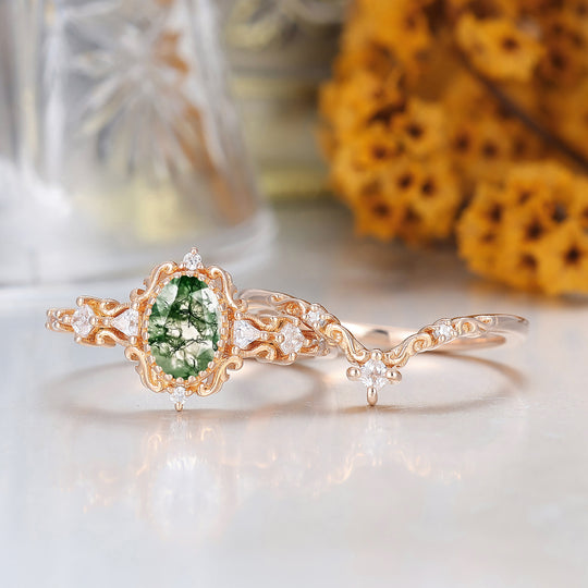 Engagement en agate mousse taille ovale florale gravée Bague nuptiale unique en or rose