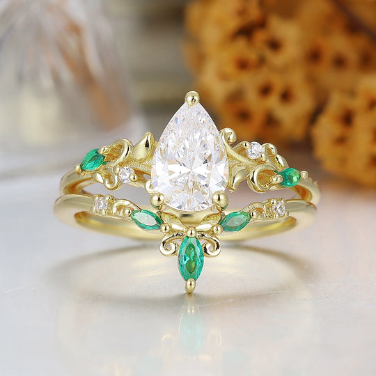 Pear Shaped Moissanite Engagement Ring Set Leaf Floral Yellow Gold Wedding Ring For Women
