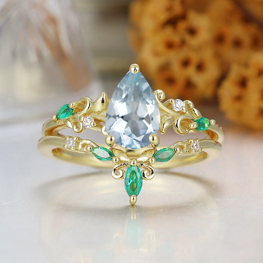 Pear Cut Aquamarijn Druivenrank Filigraan Verlovingsring 14K Geelgouden Trouwring Voor Haar