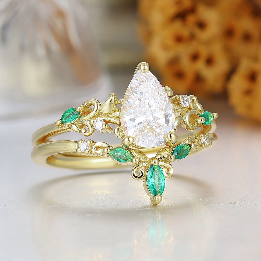 Pear Shaped Moissanite Engagement Ring Set Leaf Floral Yellow Gold Wedding Ring For Women
