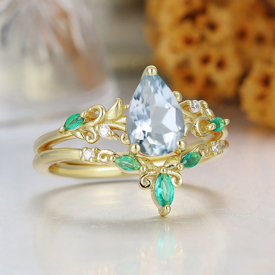 Pear Cut Aquamarijn Druivenrank Filigraan Verlovingsring 14K Geelgouden Trouwring Voor Haar