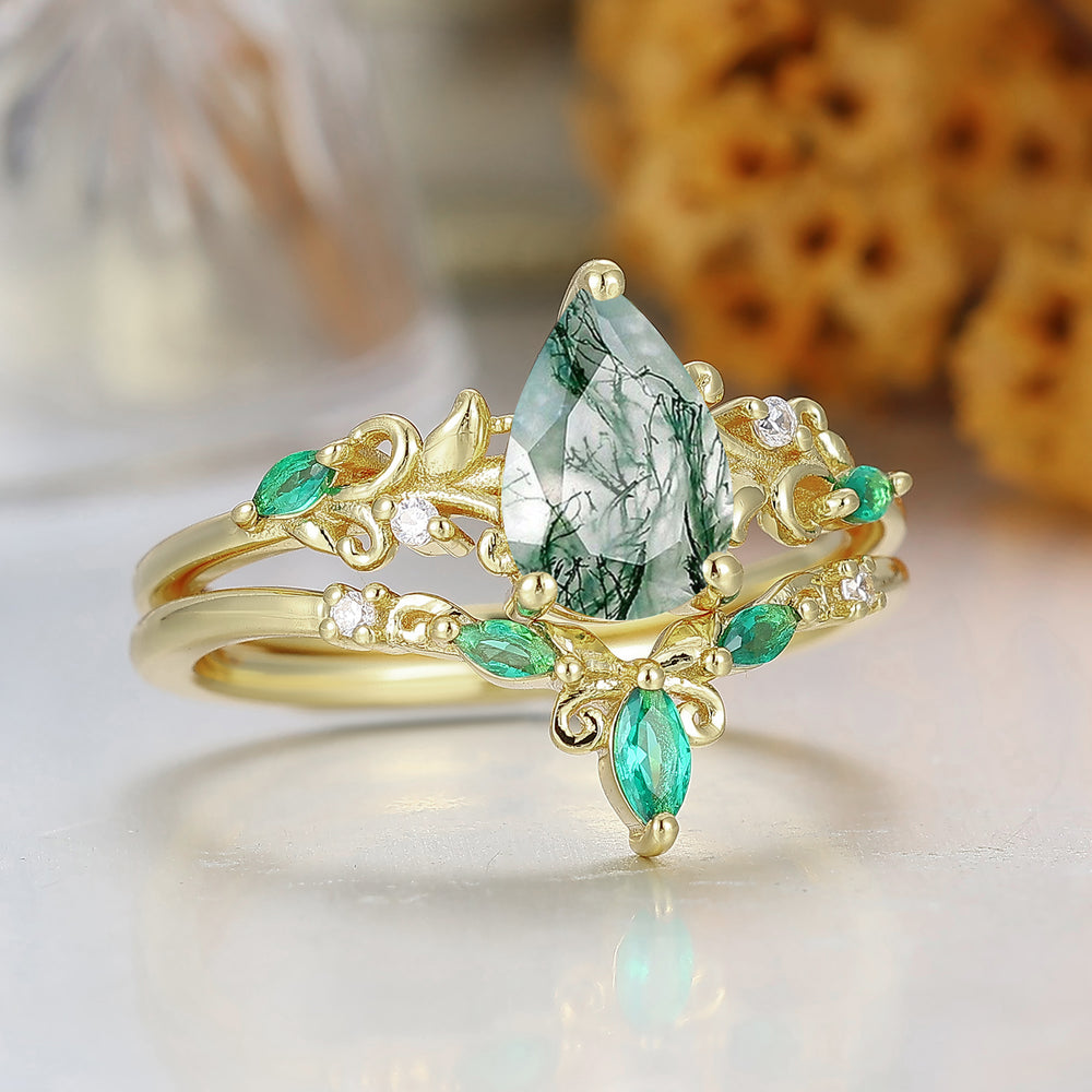 Brilliant Pear Cut Moss Agate Engagement Ring Set Handmade Scrollwork Bridal Ring