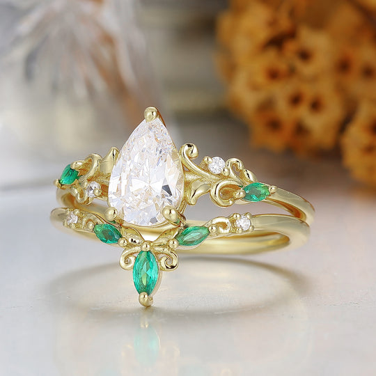 Pear Shaped Moissanite Engagement Ring Set Leaf Floral Yellow Gold Wedding Ring For Women