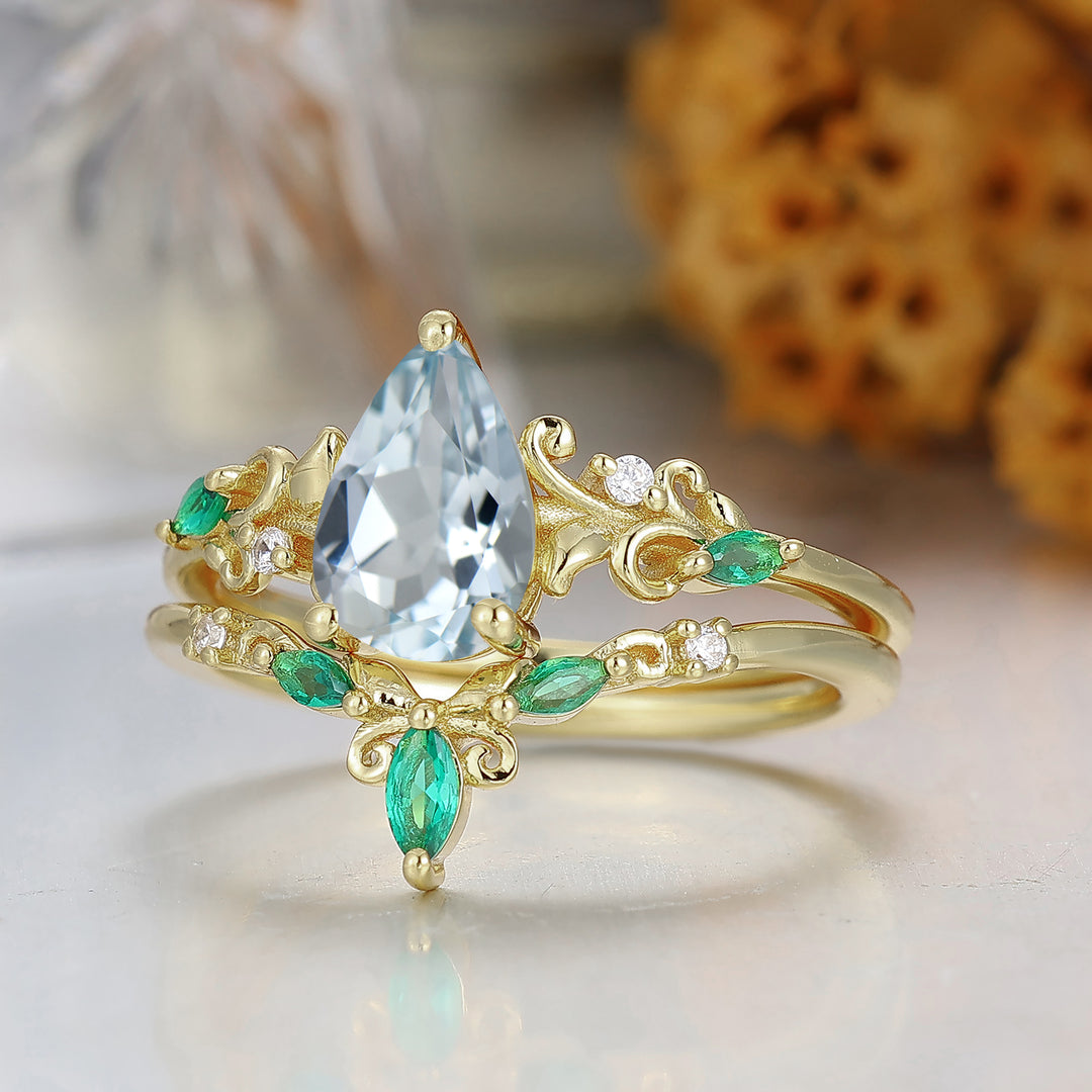 Pear Cut Aquamarijn Druivenrank Filigraan Verlovingsring 14K Geelgouden Trouwring Voor Haar