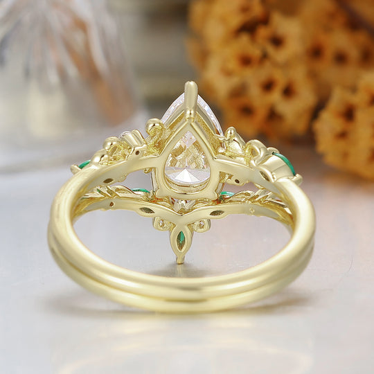 Pear Shaped Moissanite Engagement Ring Set Leaf Floral Yellow Gold Wedding Ring For Women