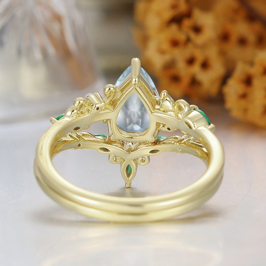 Pear Cut Aquamarijn Druivenrank Filigraan Verlovingsring 14K Geelgouden Trouwring Voor Haar