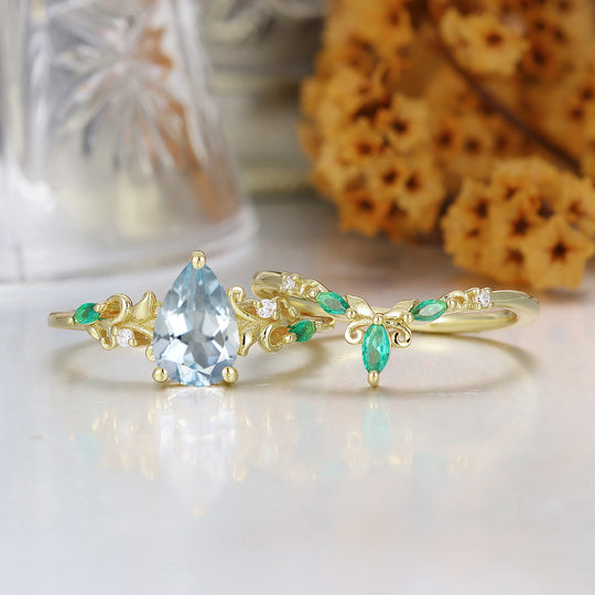 Pear Cut Aquamarijn Druivenrank Filigraan Verlovingsring 14K Geelgouden Trouwring Voor Haar