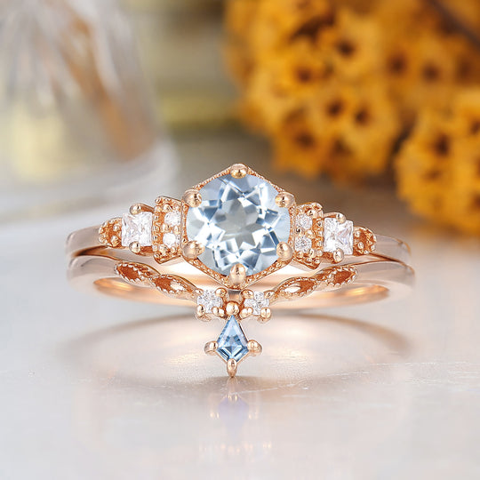 Fijn Rond Aquamarijn Bloemen Bruidsring Set 14K Roségoud Jubileumring Set Voor Haar