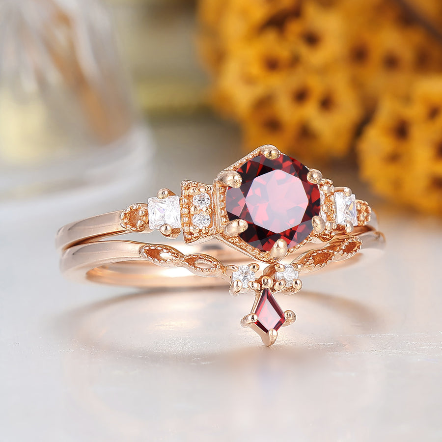 Vintage Rose Gold Red Garnet Ring Set Handmade Promise Anniversary Bridal Ring Red Garnet Ring Set