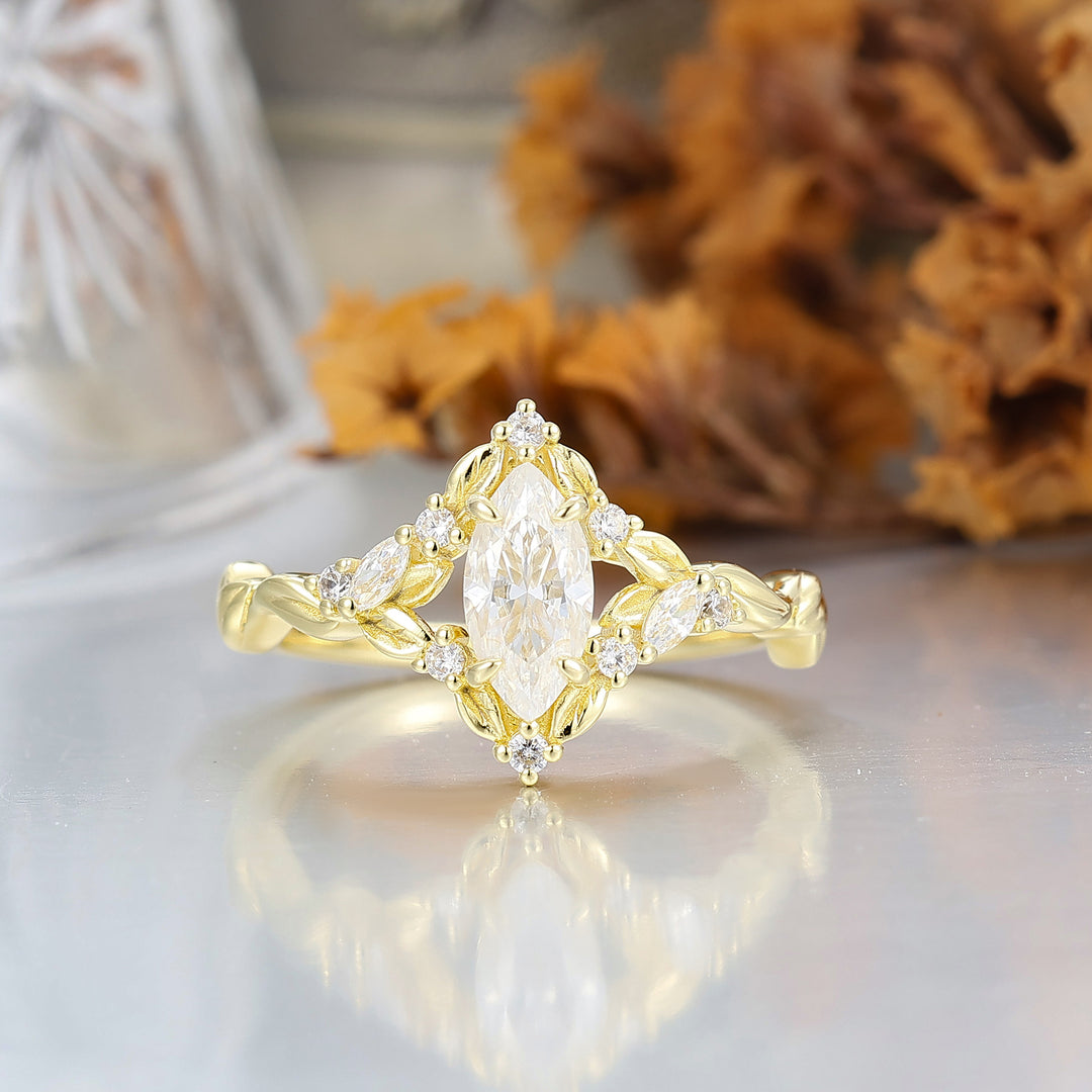 Brilliant Leaf Design Marquise Moissanite Engagement Ring Nature Inspired Bridal Ring