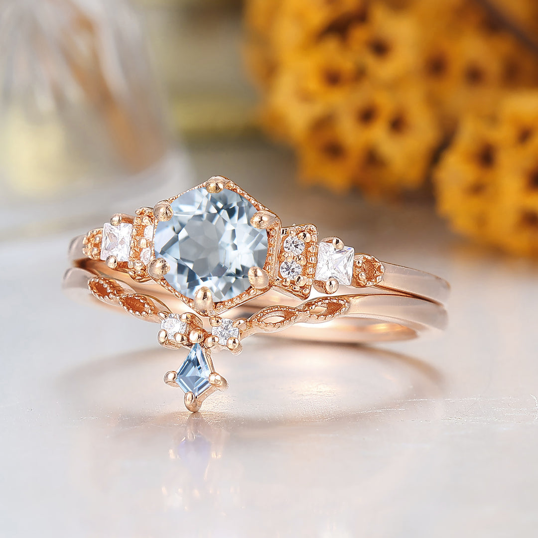 Fijn Rond Aquamarijn Bloemen Bruidsring Set 14K Roségoud Jubileumring Set Voor Haar