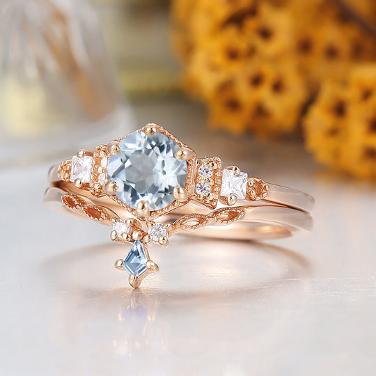 Fijn Rond Aquamarijn Bloemen Bruidsring Set 14K Roségoud Jubileumring Set Voor Haar