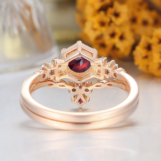 Set di anelli vintage in oro rosa con granato rosso, fatto a mano — anello promessa, anniversario, nuziale — set di anelli con granato rosso