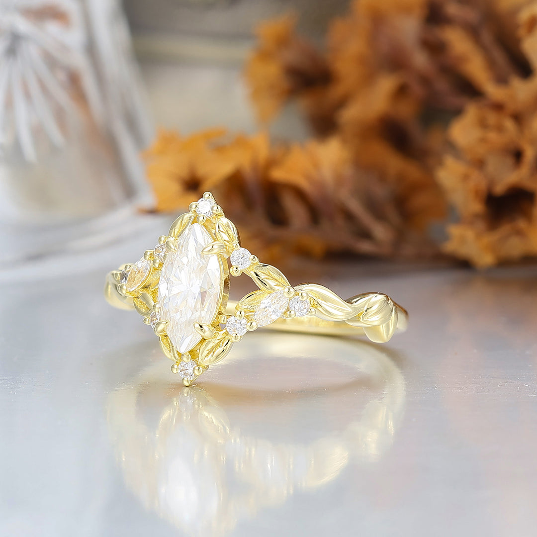 Brilliant Leaf Design Marquise Moissanite Engagement Ring Nature Inspired Bridal Ring